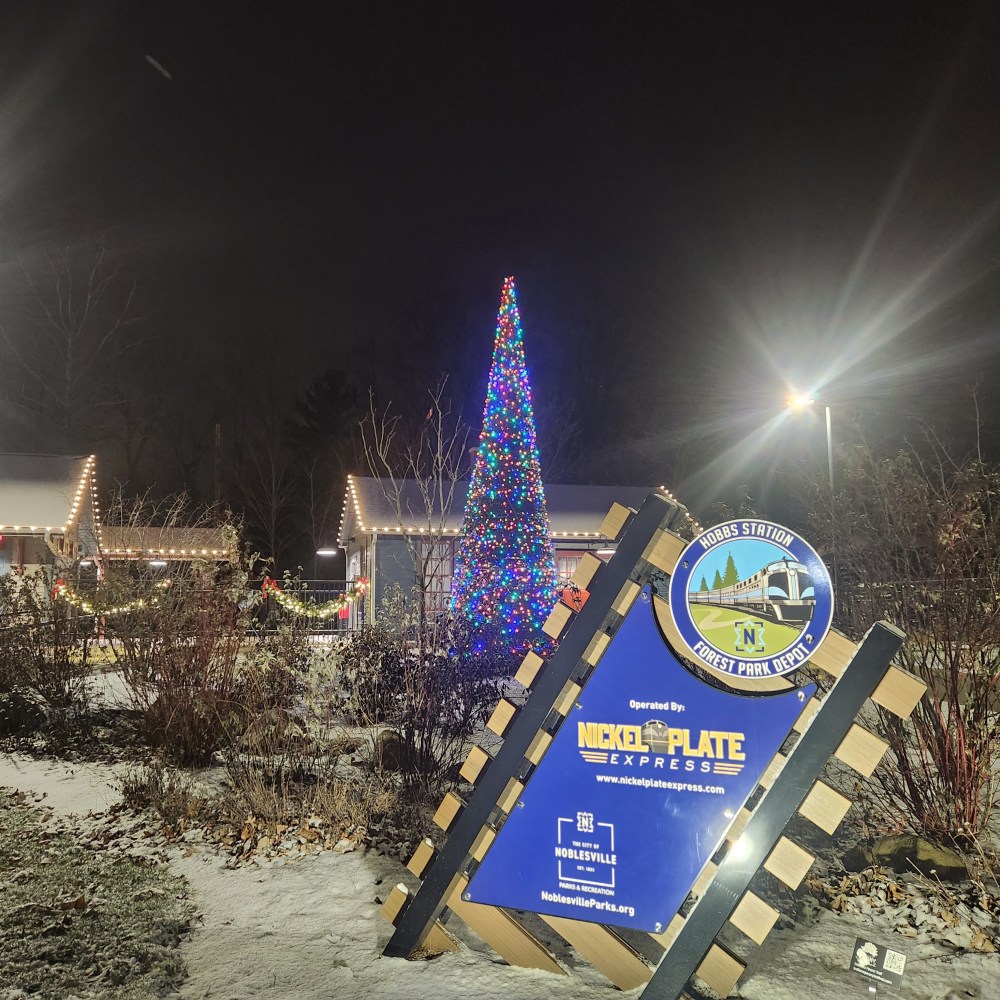 Snowy holiday scene with a lit Christmas tree and sign at night.