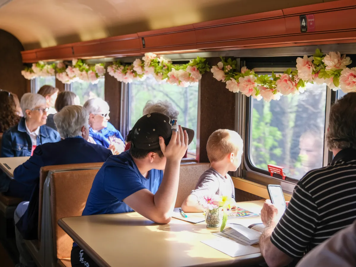 People sitting in a train with flower decorations, looking out the window at scenery.
