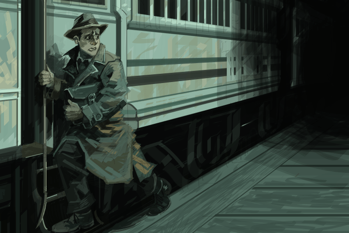 Illustration of man in trench coat and hat boarding a train in a dark, moody setting.