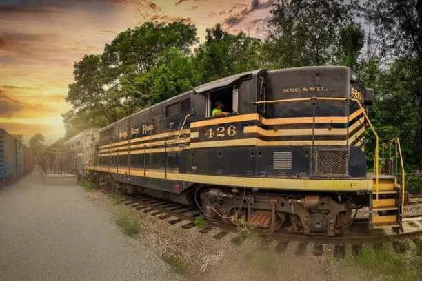 Black and yellow train locomotive number 426 on tracks at sunset with trees in the background.