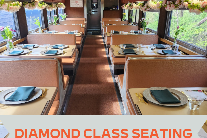 Train dining car with decorated tables and 'Diamond Class Seating' sign.
