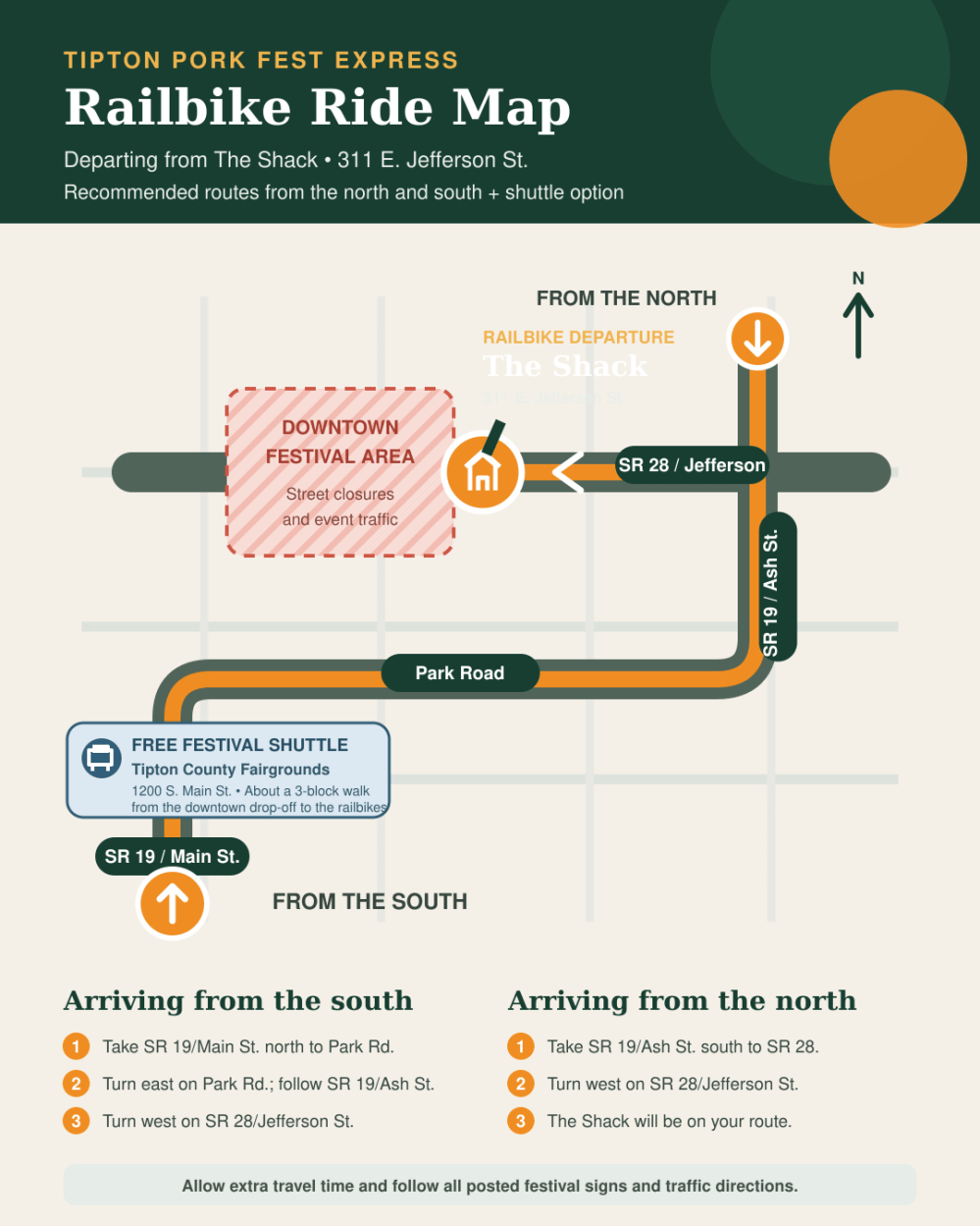 Map of Railbike Ride with shuttle routes and directions to park from north and south.